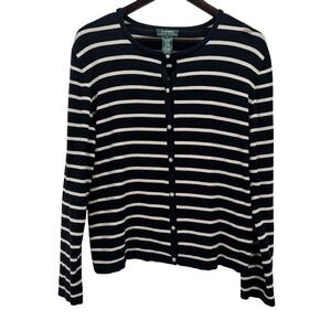 LAUREN Ralph Lauren Womens Silk Blend Black Beig Stripe Cardigan Sz-Lg Button Up